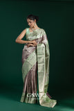 Champagne Pink Pista Green Kanchi Pattu Saree with Gold Zari