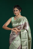 Champagne Pink Pista Green Kanchi Pattu Saree with Gold Zari