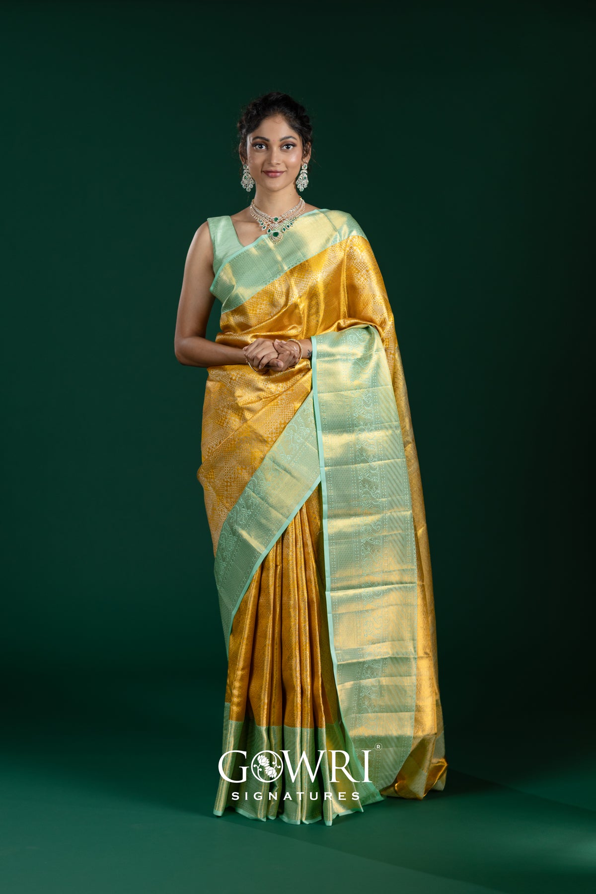 Yellow Sea Green Kanchi Pattu Saree with Elegant Gold Zari Work