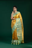 Yellow Sea Green Kanchi Pattu Saree with Elegant Gold Zari Work