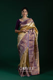 Cream Purple Kanchi Pattu Saree with Gold Zari | Festive Elegance