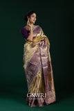 Cream Purple Kanchi Pattu Saree with Gold Zari | Festive Elegance