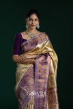Cream Purple Kanchi Pattu Saree with Gold Zari | Festive Elegance