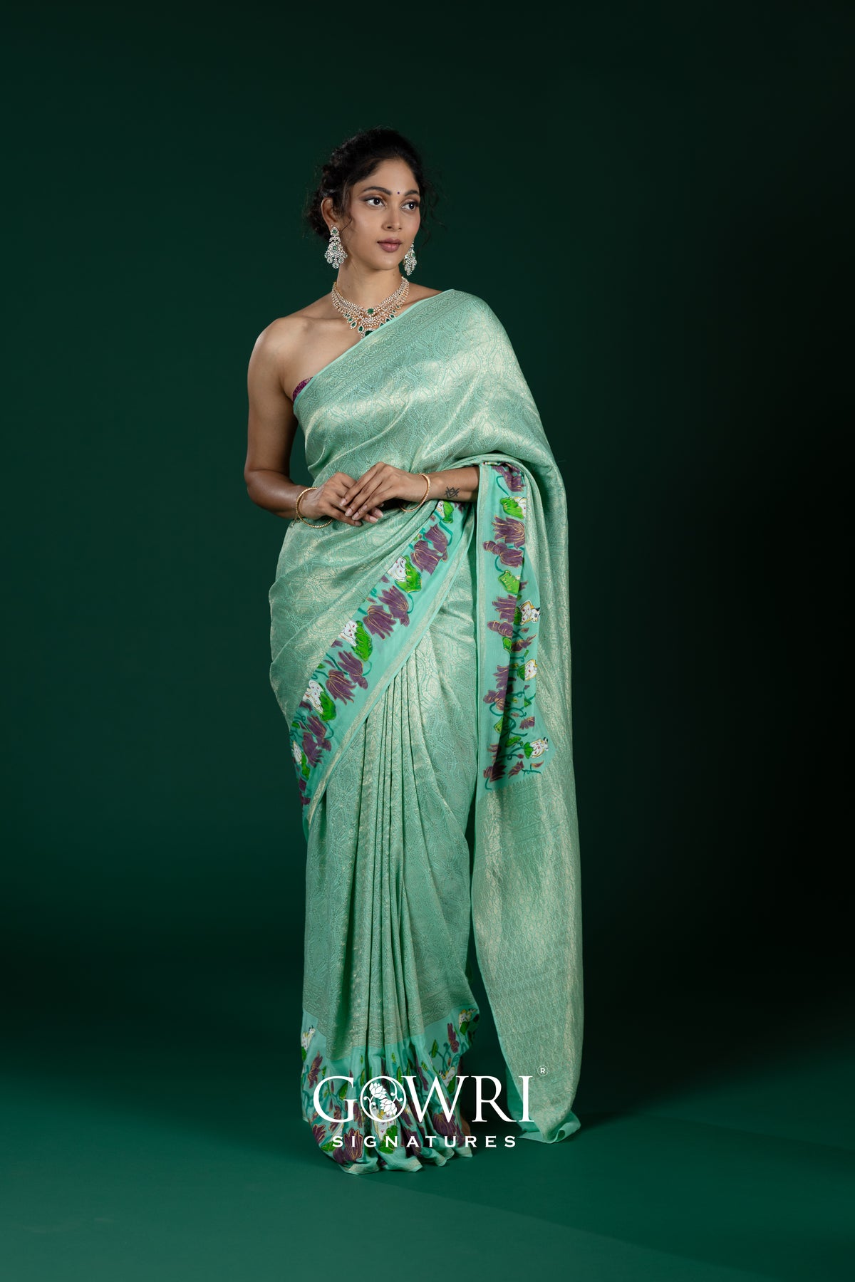Sea Green Hand-Painted Georgette Saree with Elegant All Over Design
