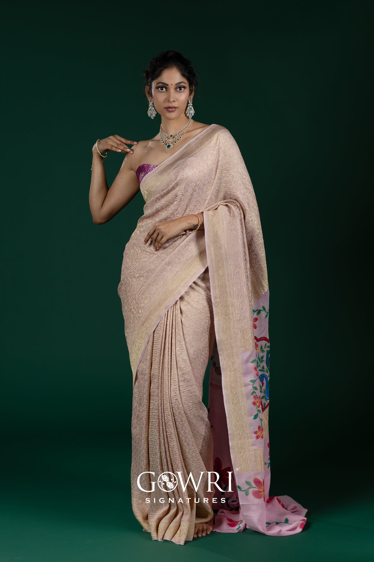 Elegant Baby Pink Georgette Saree with Hand Painting