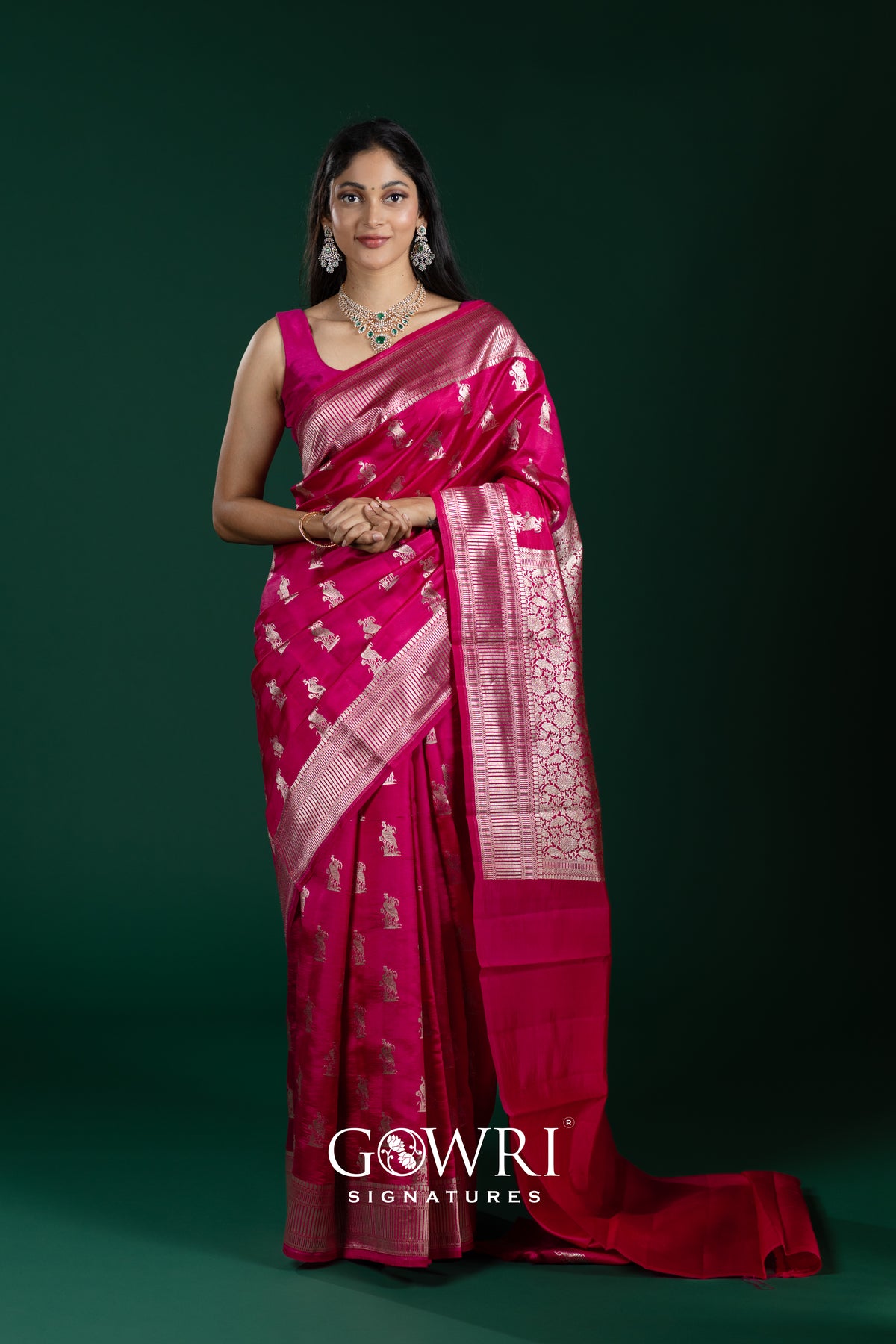 Rani Pink Chiniya Silk Saree – All Over Designer Weave With Butti | Medium Designer Border | Fancy Premium Collection