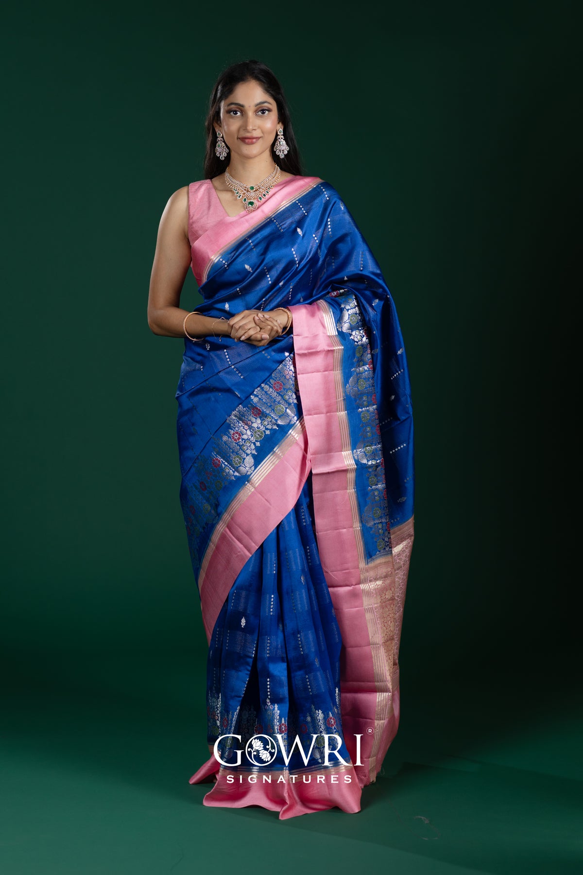Royal Blue & Bubblegum Pink Chiniya Silk Saree – All Over Butti Weave with Contrast Designer Border | Fancy Premium Saree