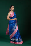 Royal Blue & Bubblegum Pink Chiniya Silk Saree – All Over Butti Weave with Contrast Designer Border | Fancy Premium Saree