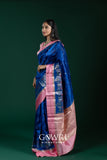 Royal Blue & Bubblegum Pink Chiniya Silk Saree – All Over Butti Weave with Contrast Designer Border | Fancy Premium Saree