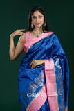 Royal Blue & Bubblegum Pink Chiniya Silk Saree – All Over Butti Weave with Contrast Designer Border | Fancy Premium Saree