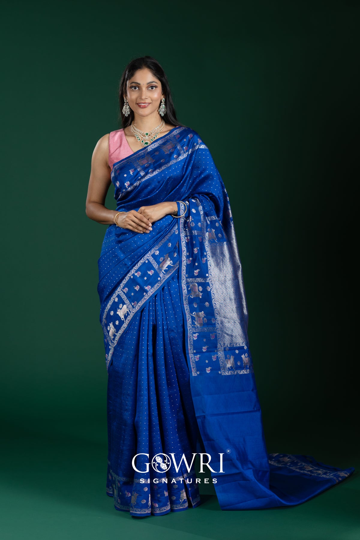 Royal Blue Chiniya Silk Saree – All Over Designer Butti Work | Medium Border | Premium Fancy Collection – Gs382427