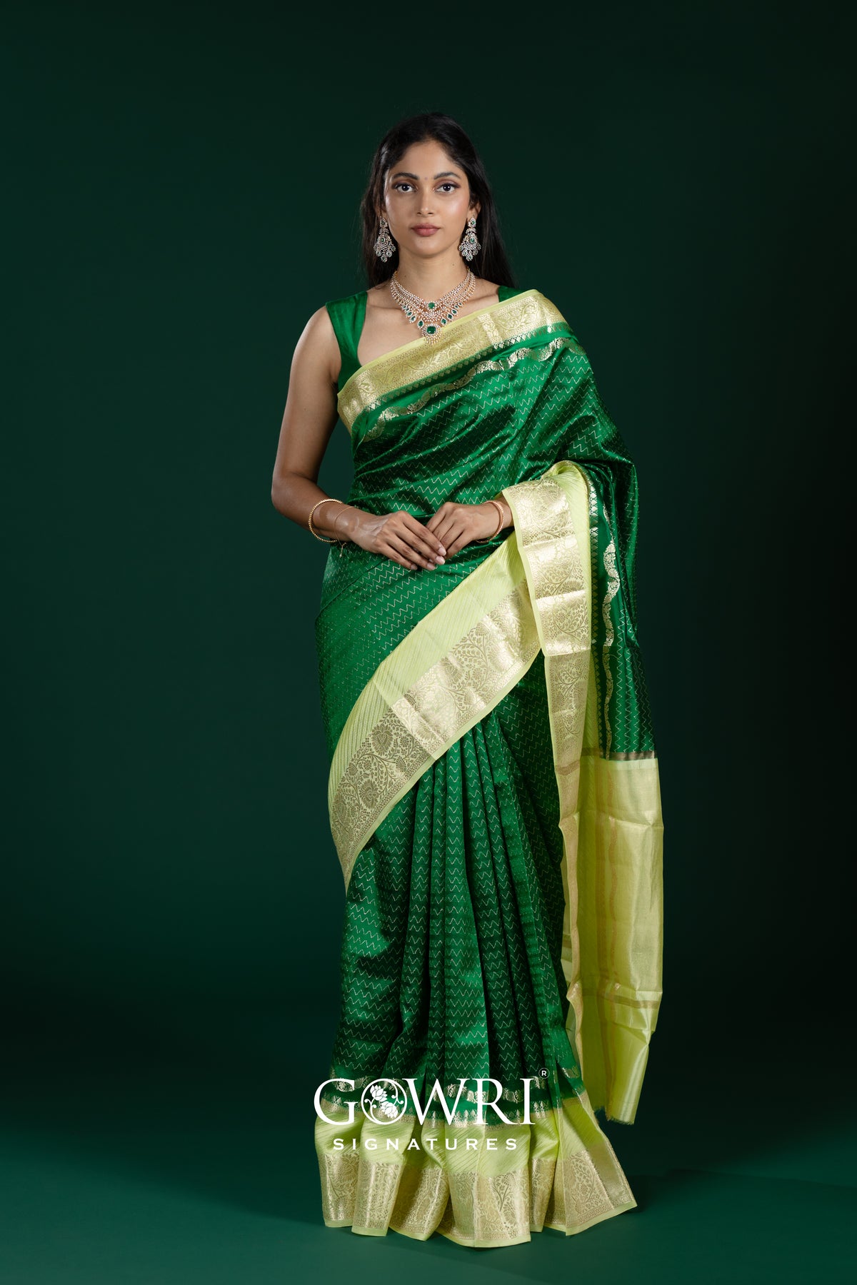 Bottle Green & Pista Green Chiniya Silk Saree – All Over Designer Butti Weaving | Medium Designer Border | Fancy Premium Saree