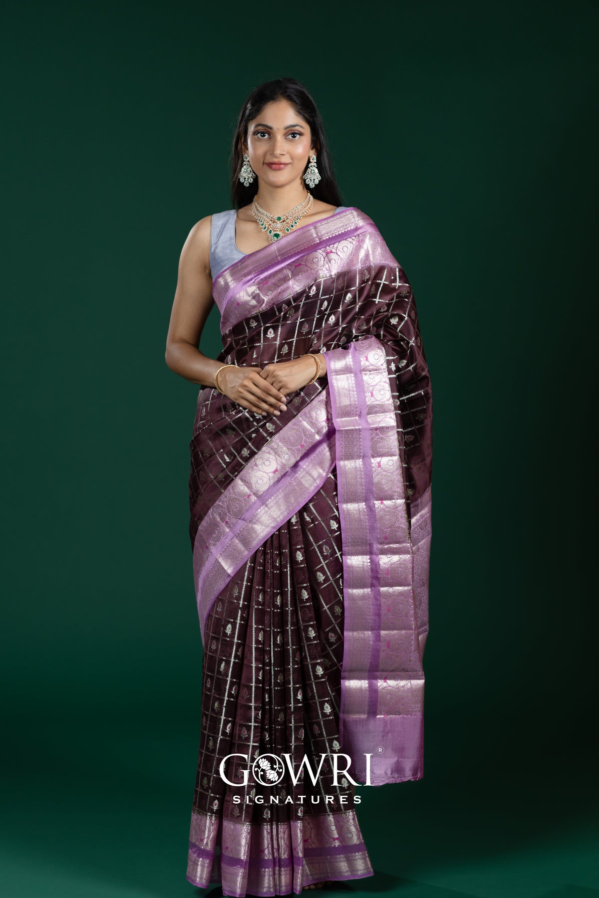 Brown & Pink Chiniya Silk Saree – All Over Design & Butti | Designer Pink Border | Premium Chiniya Silk