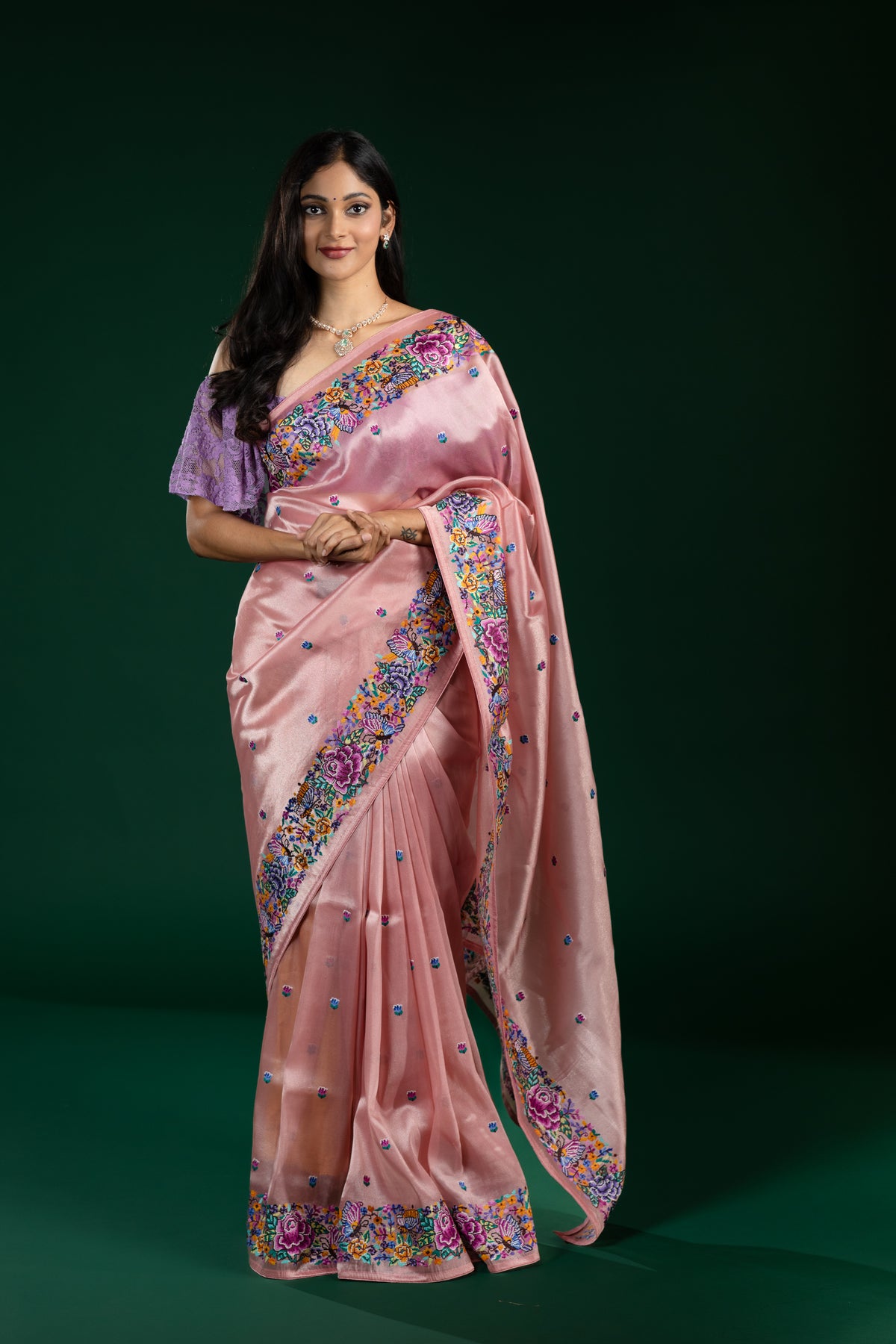 Pink Tissue Organza Saree with Multicolor Thread Border