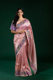 Pink Tissue Organza Saree with Multicolor Thread Border