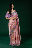 Pink Tissue Organza Saree with Multicolor Thread Border