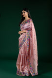 Pink Tissue Organza Saree with Multicolor Thread Border