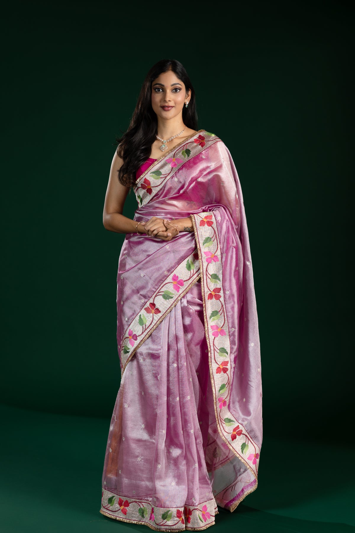 Champagne Pink Tissue Organza Saree with Wine Lace Border