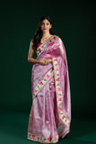 Champagne Pink Tissue Organza Saree with Wine Lace Border
