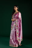 Champagne Pink Tissue Organza Saree with Wine Lace Border