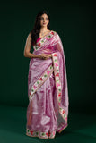 Champagne Pink Tissue Organza Saree with Wine Lace Border