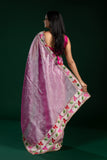 Champagne Pink Tissue Organza Saree with Wine Lace Border