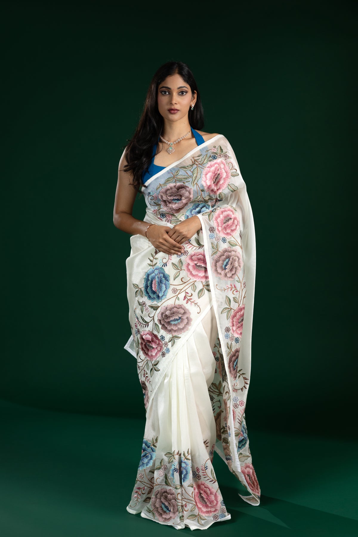 White Soft Tissue Saree with Thread Embroidery Detailing