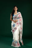 White Soft Tissue Saree with Thread Embroidery Detailing