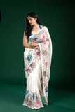 White Soft Tissue Saree with Thread Embroidery Detailing