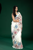 White Soft Tissue Saree with Thread Embroidery Detailing
