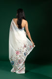 White Soft Tissue Saree with Thread Embroidery Detailing