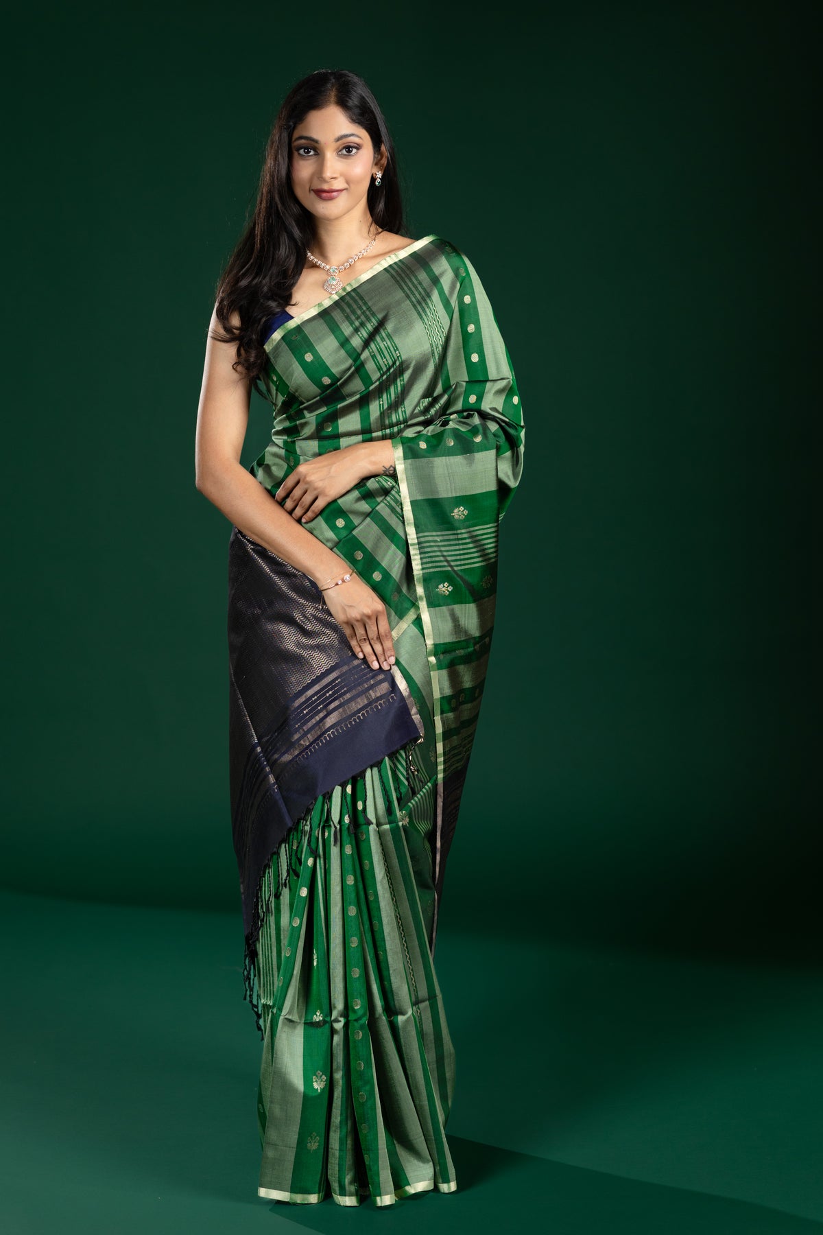 Green & Navy Blue Tripura Pattu Saree with Antique Zari