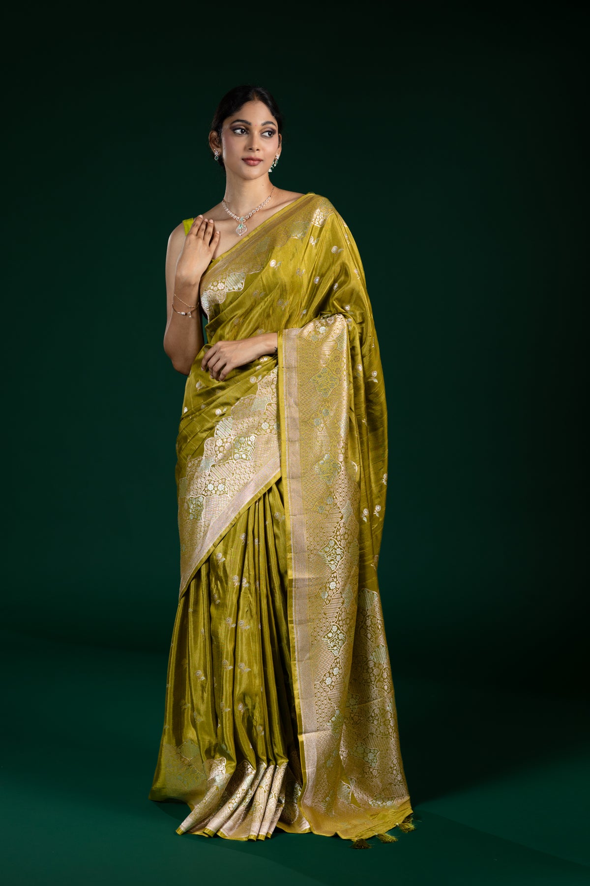 Olive Green Dola Silk Saree with Butti Pattern – Fancy Wear
