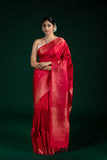 Red Tripura Pattu Saree with Traditional Gold Zari Work