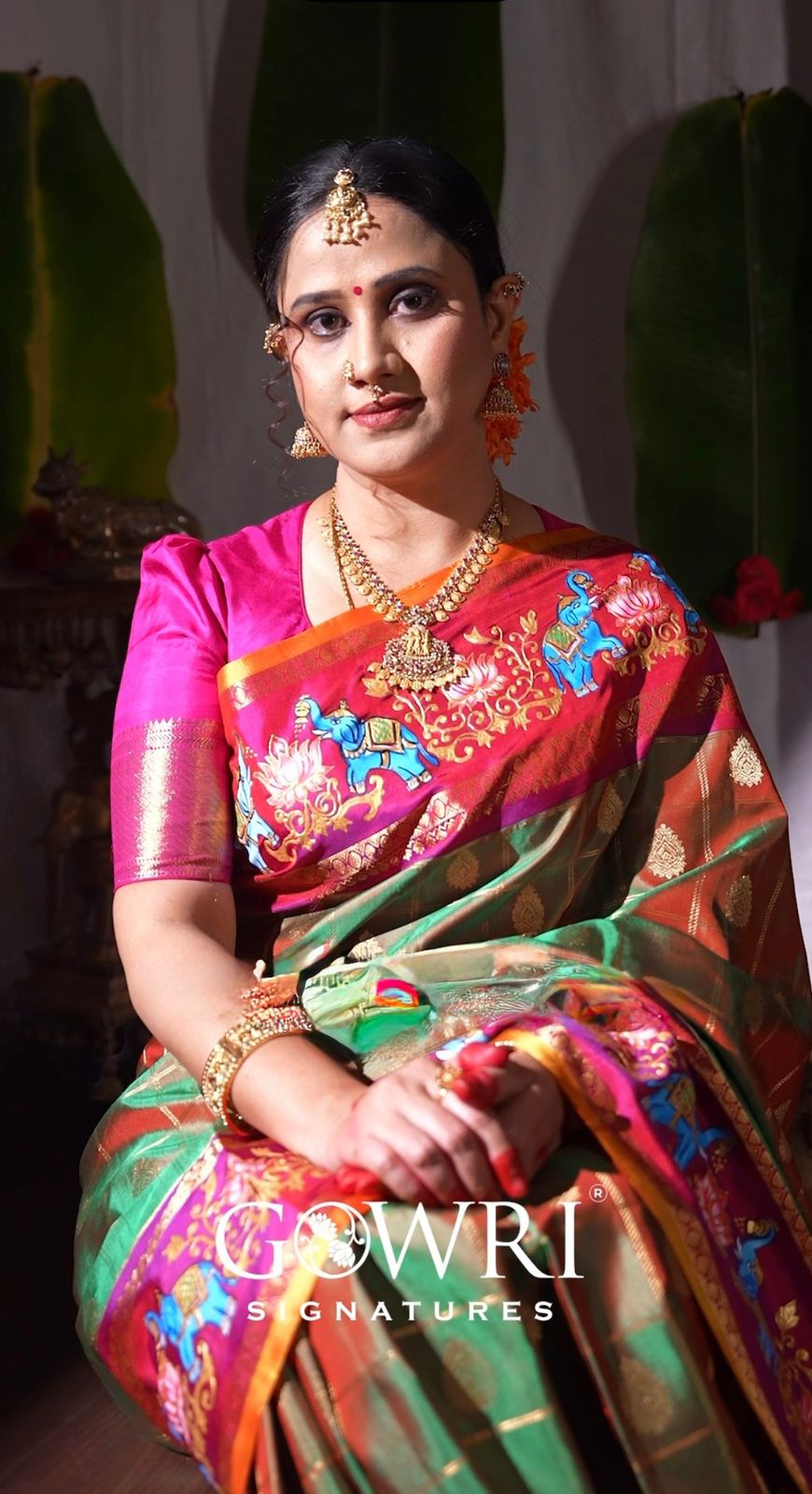 Gowri Signatures Fancy Saree - Pink & Green Elephant Motif Weave