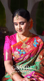 Gowri Signatures Fancy Saree - Pink & Green Elephant Motif Weave